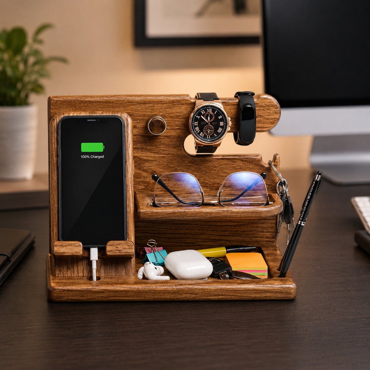 Solid Wood Phone Charging Stand and Organizer