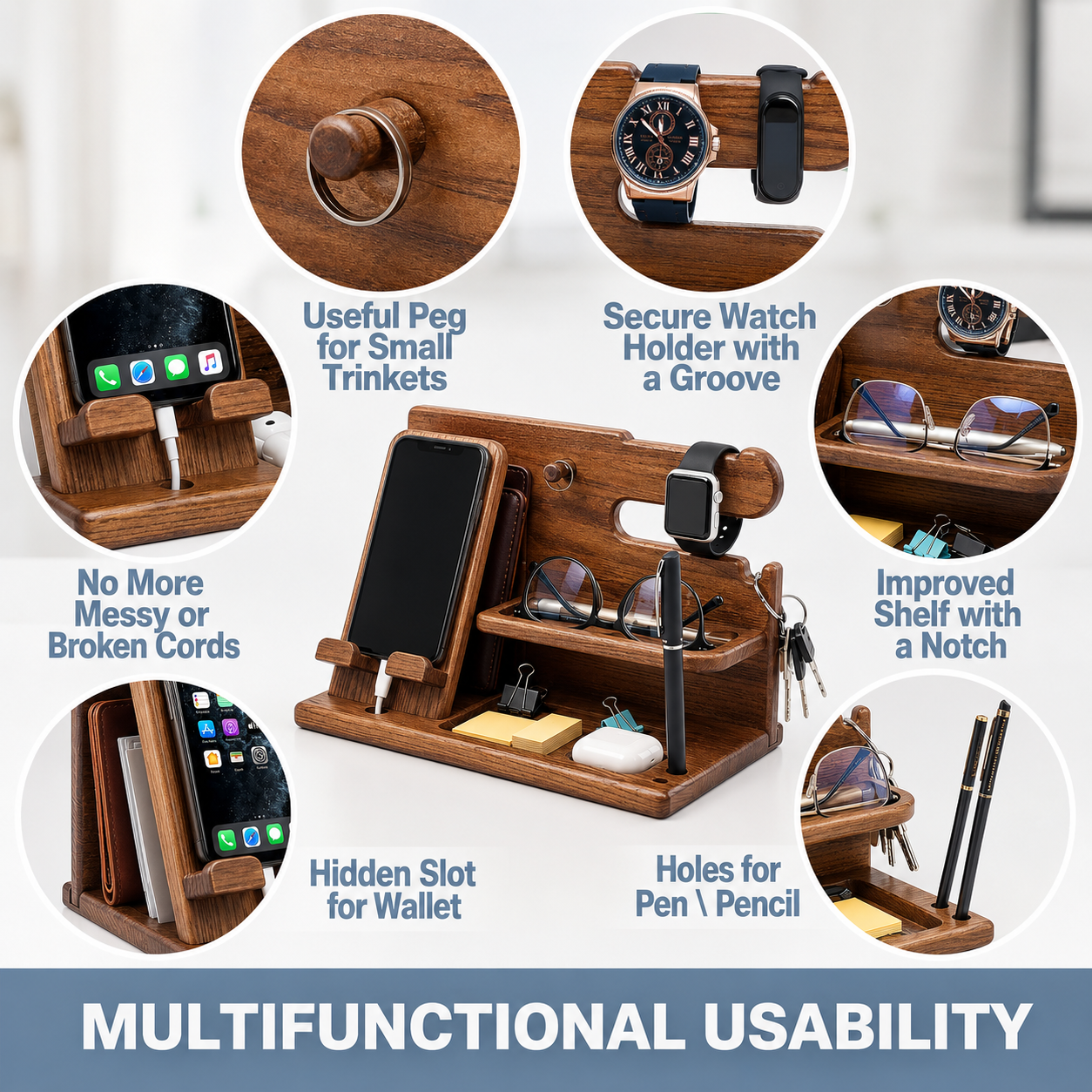 Solid Wood Phone Charging Stand and Organizer